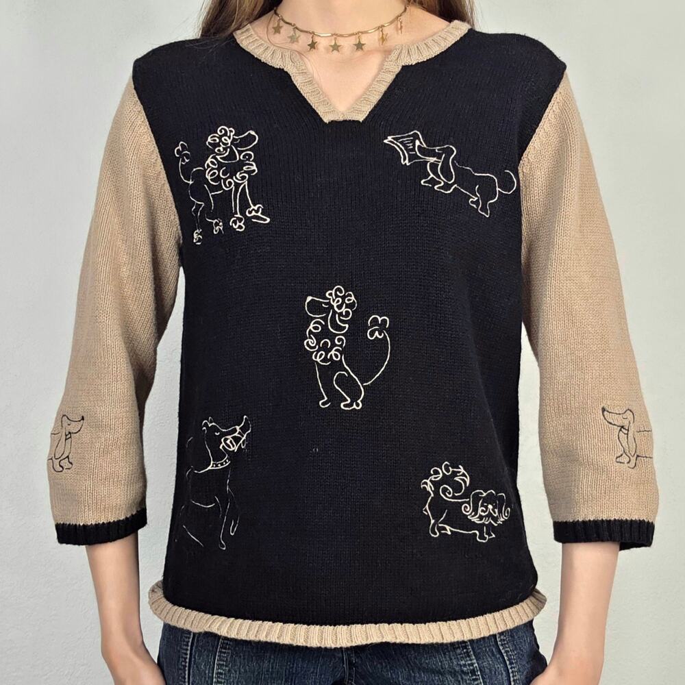 Vintage Poodle Graphic Knit Sweater Novelty Dog Top Color Block Medium Y2K